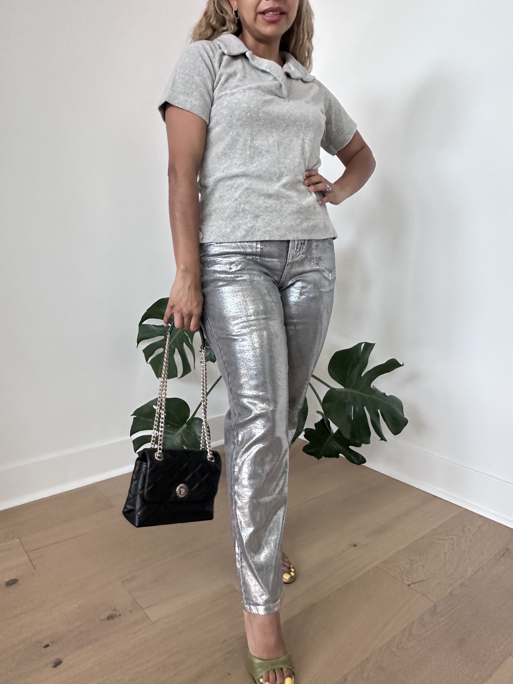 Karen Millen High Rise Slim Leg Silver Foiled Jeans Concert Festival Cyber Sz 8